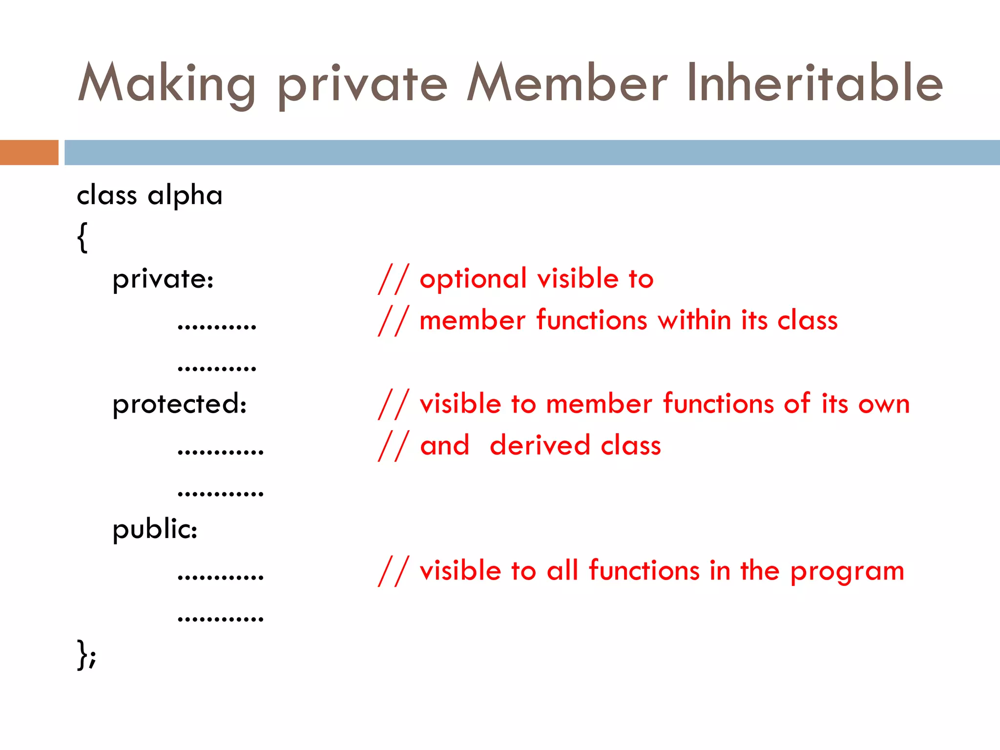 Making private Member Inheritable
class alpha
{
private: // optional visible to
........... // member functions within its class
...........
protected: // visible to member functions of its own
............ // and derived class
............
public:
............ // visible to all functions in the program
............
};
 