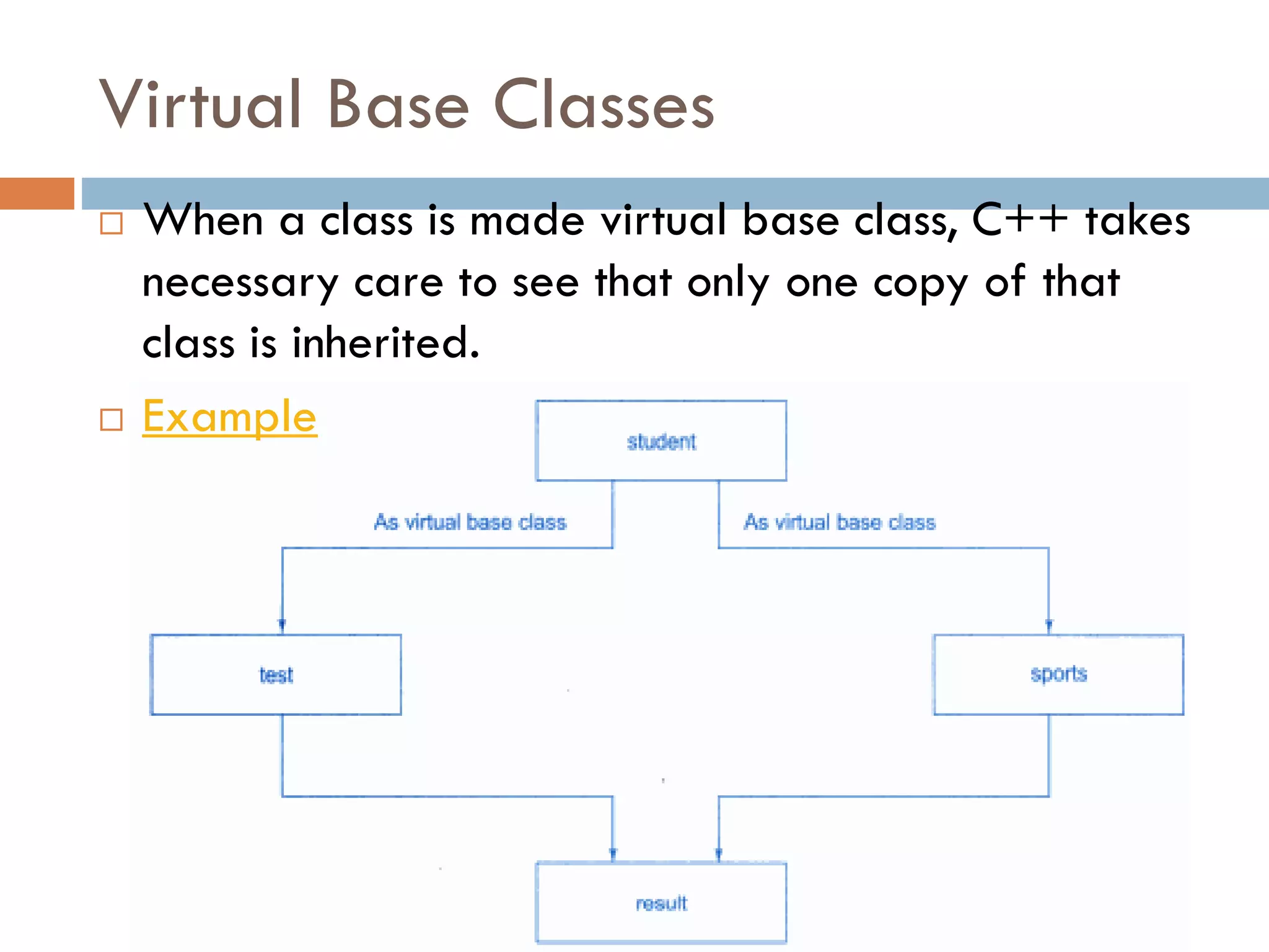 Virtual Base Classes
 When a class is made virtual base class, C++ takes
necessary care to see that only one copy of that
class is inherited.
 Example
 
