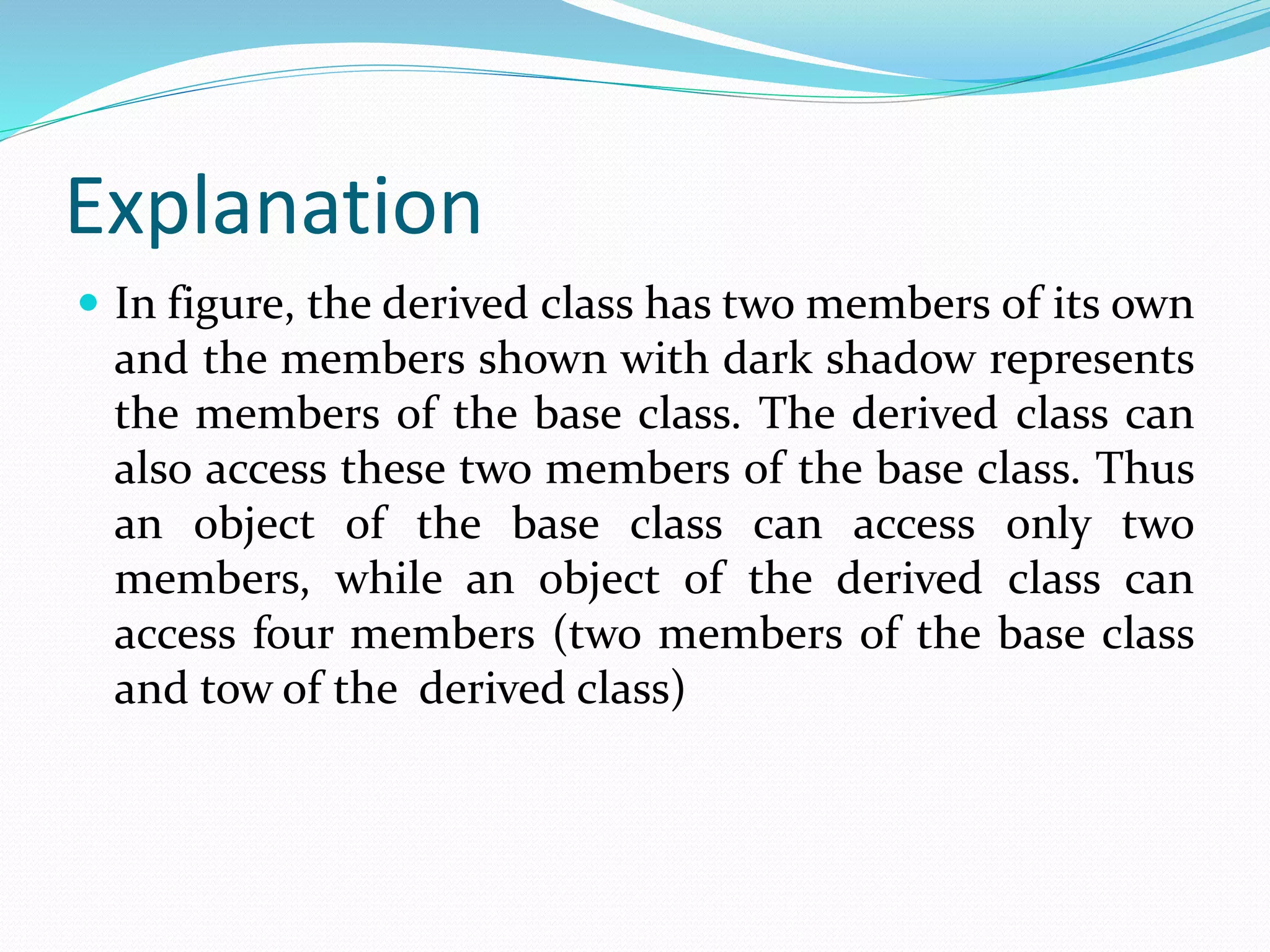 Explanation
 In figure, the derived class has two members of its own
and the members shown with dark shadow represents
the members of the base class. The derived class can
also access these two members of the base class. Thus
an object of the base class can access only two
members, while an object of the derived class can
access four members (two members of the base class
and tow of the derived class)
 