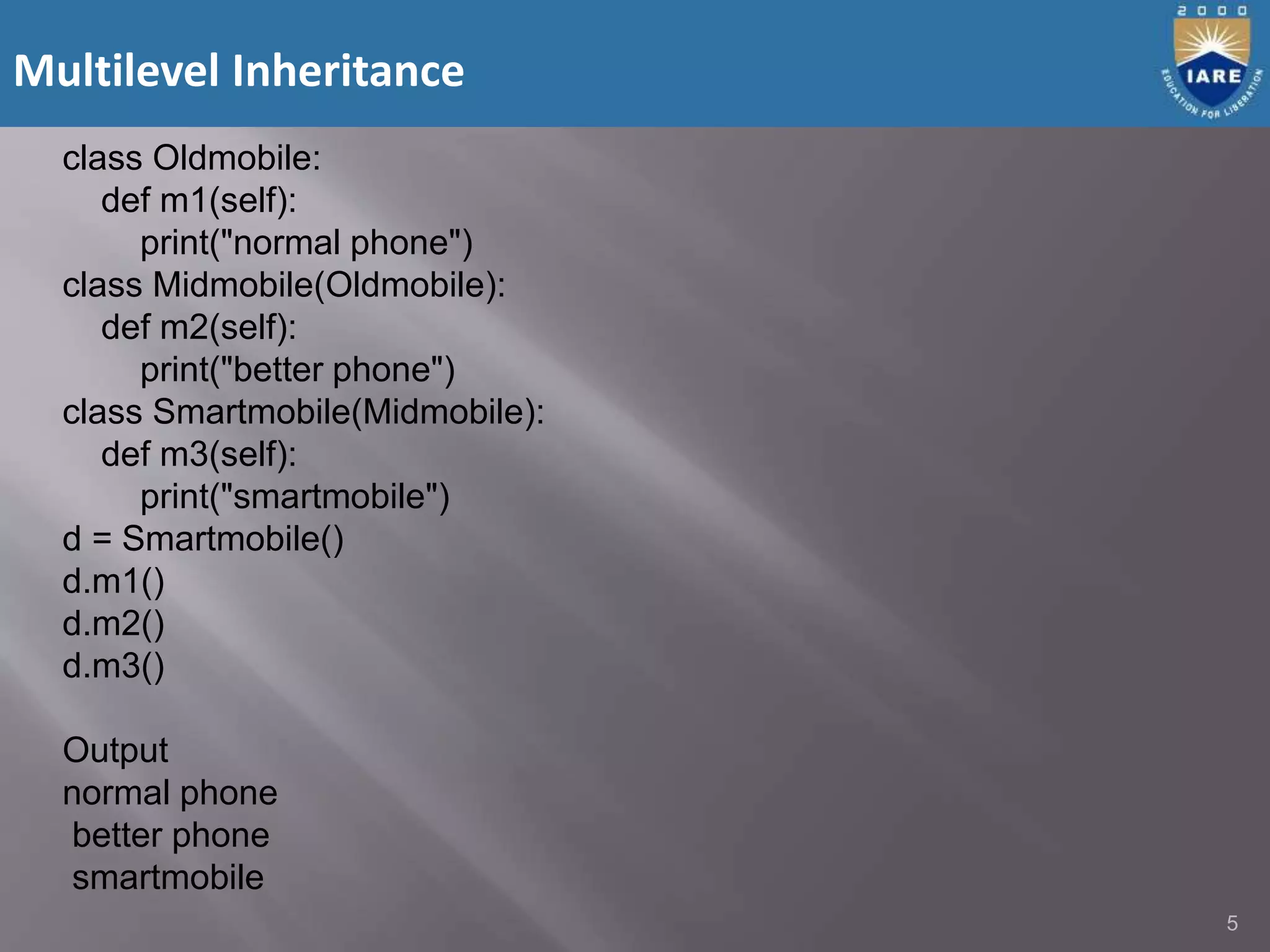 Multilevel Inheritance
5
class Oldmobile:
def m1(self):
print("normal phone")
class Midmobile(Oldmobile):
def m2(self):
print("better phone")
class Smartmobile(Midmobile):
def m3(self):
print("smartmobile")
d = Smartmobile()
d.m1()
d.m2()
d.m3()
Output
normal phone
better phone
smartmobile
 