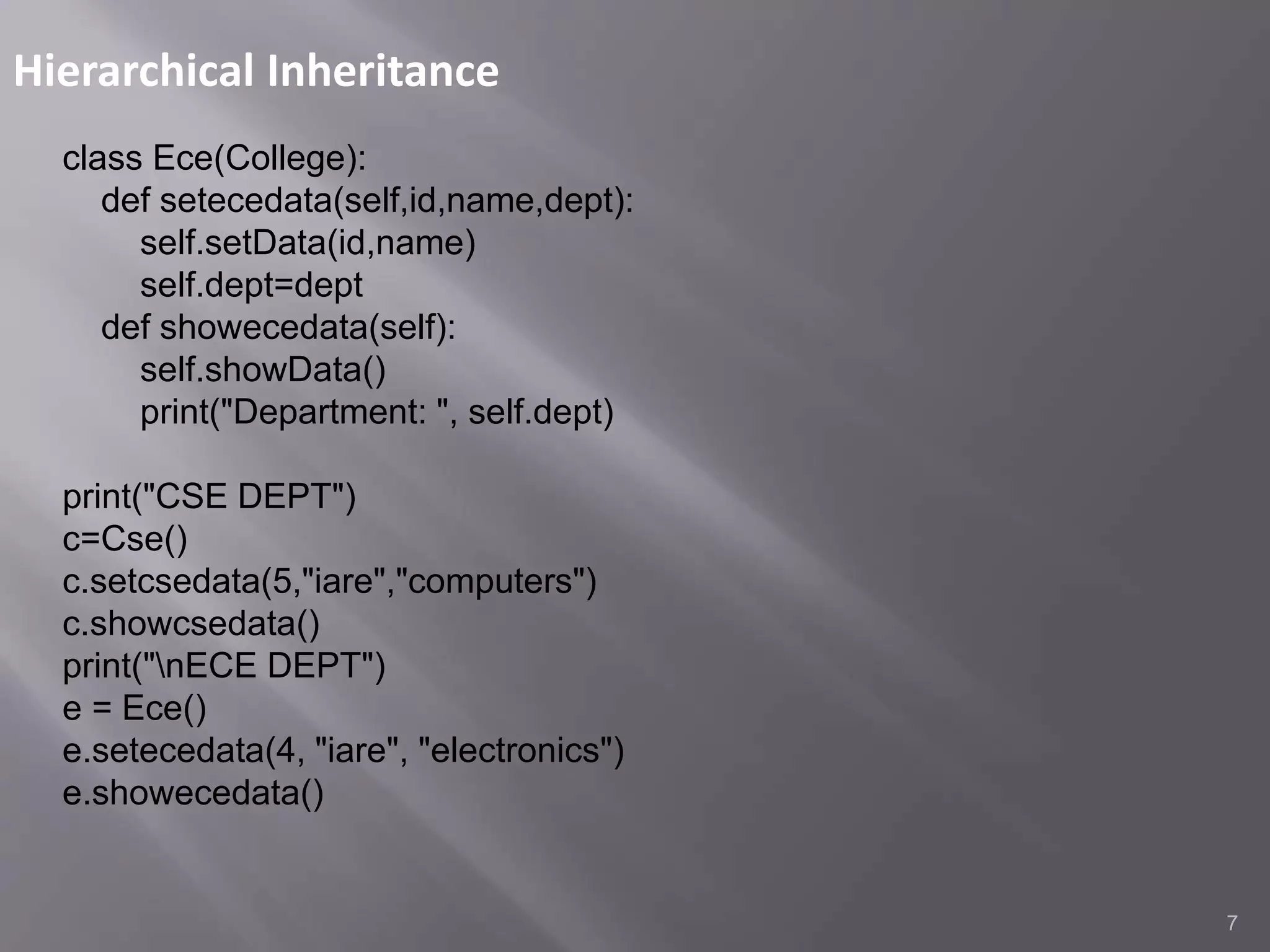 Hierarchical Inheritance
7
class Ece(College):
def setecedata(self,id,name,dept):
self.setData(id,name)
self.dept=dept
def showecedata(self):
self.showData()
print("Department: ", self.dept)
print("CSE DEPT")
c=Cse()
c.setcsedata(5,"iare","computers")
c.showcsedata()
print("nECE DEPT")
e = Ece()
e.setecedata(4, "iare", "electronics")
e.showecedata()
 