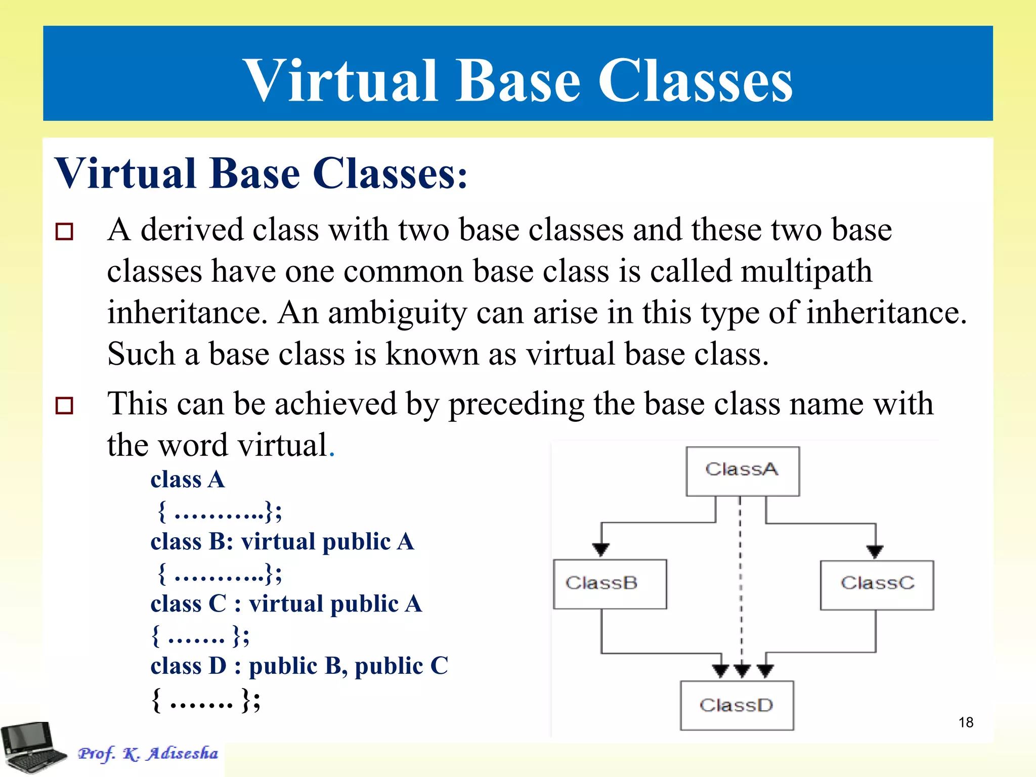 Virtual Base Classes
Virtual Base Classes:
 A derived class with two base classes and these two base
classes have one common base class is called multipath
inheritance. An ambiguity can arise in this type of inheritance.
Such a base class is known as virtual base class.
 This can be achieved by preceding the base class name with
the word virtual.
18
class A
{ ………..};
class B: virtual public A
{ ………..};
class C : virtual public A
{ ……. };
class D : public B, public C
{ ……. };
 