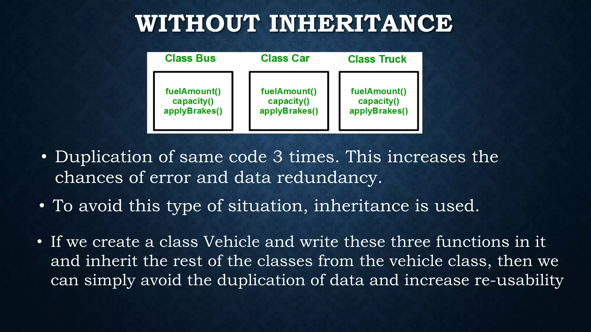 • Duplication of same code 3 times. This increases the
chances of error and data redundancy.
WITHOUT INHERITANCE
• To avoid this type of situation, inheritance is used.
• If we create a class Vehicle and write these three functions in it
and inherit the rest of the classes from the vehicle class, then we
can simply avoid the duplication of data and increase re-usability
 