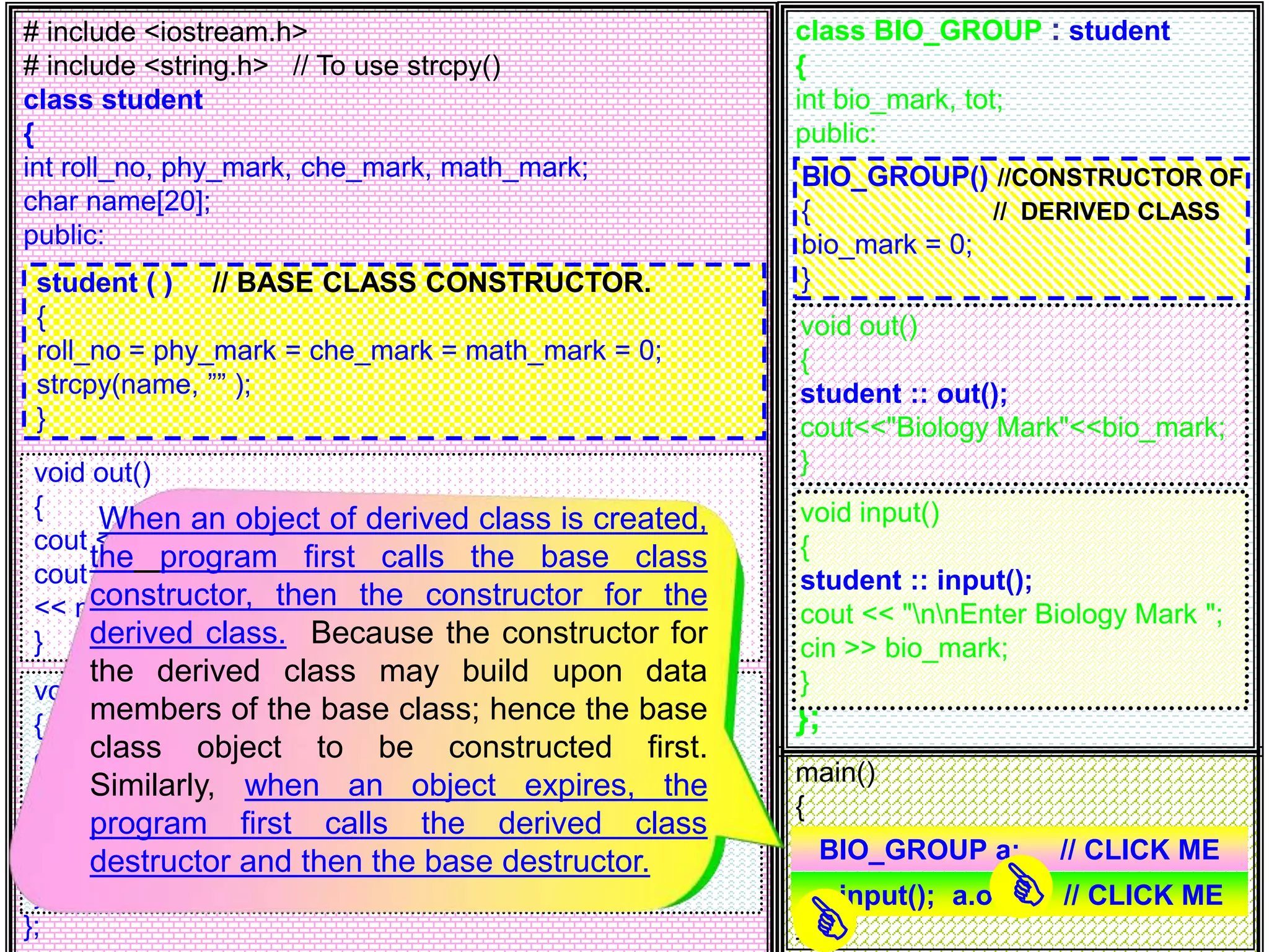 # include <iostream.h> # include <string.h> // To use strcpy() class student { int roll_no, phy_mark, che_mark, math_mark; char name[20]; public: }; main() { } class BIO_GROUP : student { int bio_mark, tot; public: }; void out() { cout << "Name : " << name << " Roll No " << roll_no; cout << "Marks of Physics " << phy_mark << " Maths “ << math_mark << "Chemistry “ << che_mark<<; } void input() { cout << “nnPls Enter Name & Roll No"; cin >> name >> roll_no; cout << "Enter marks of Physics, Chemistry and Maths"; cin >> phy_mark >> che_mark >> math_mark; } void input() { student :: input(); cout << "nnEnter Biology Mark "; cin >> bio_mark; } void out() { student :: out(); cout<<"Biology Mark"<<bio_mark; } student ( ) // BASE CLASS CONSTRUCTOR. { roll_no = phy_mark = che_mark = math_mark = 0; strcpy(name, ”” ); } BIO_GROUP() //CONSTRUCTOR OF { // DERIVED CLASS bio_mark = 0; } BIO_GROUP a; // CLICK ME a.input(); a.out(); // CLICK ME When an object of derived class is created, the program first calls the base class constructor, then the constructor for the derived class. Because the constructor for the derived class may build upon data members of the base class; hence the base class object to be constructed first. Similarly, when an object expires, the program first calls the derived class destructor and then the base destructor. 