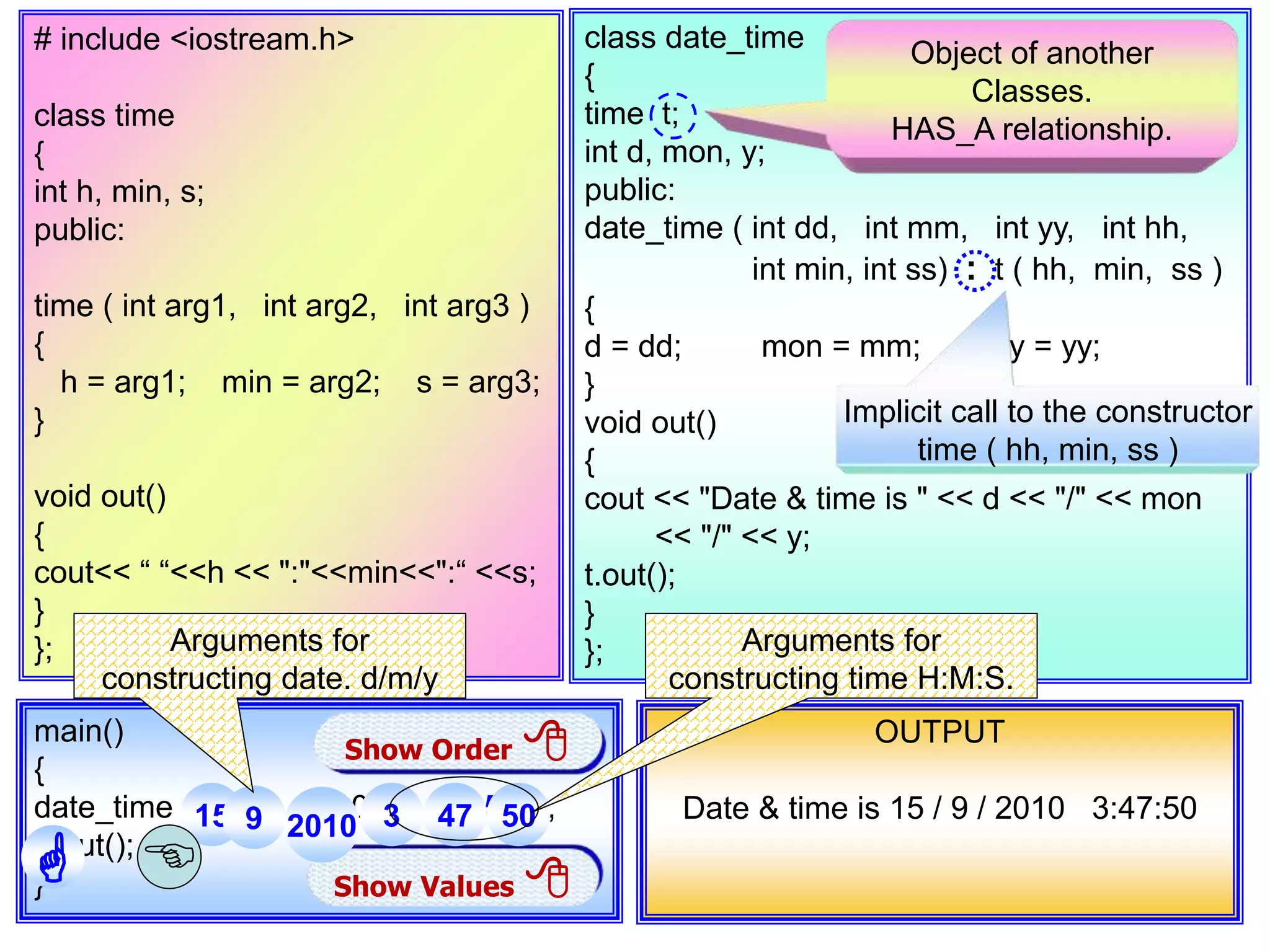 # include <iostream.h> class time { int h, min, s; public: time ( int arg1, int arg2, int arg3 ) { h = arg1; min = arg2; s = arg3; } void out() { cout<< “ “<<h << ":"<<min<<":“ <<s; } }; class date_time { time t; int d, mon, y; public: date_time ( int dd, int mm, int yy, int hh, int min, int ss) : t ( hh, min, ss ) { d = dd; mon = mm; y = yy; } void out() { cout << "Date & time is " << d << "/" << mon << "/" << y; t.out(); } }; Implicit call to the constructor time ( hh, min, ss ) main() { date_time a(15, 9, 2010, 3, 47, 50 ); a.out(); } OUTPUT Date & time is 15 / 9 / 2010 3:47:50 Show Values  Object of another Classes. HAS_A relationship. Show Order   3 47 5015 9 2010  Arguments for constructing time H:M:S. Arguments for constructing date. d/m/y 