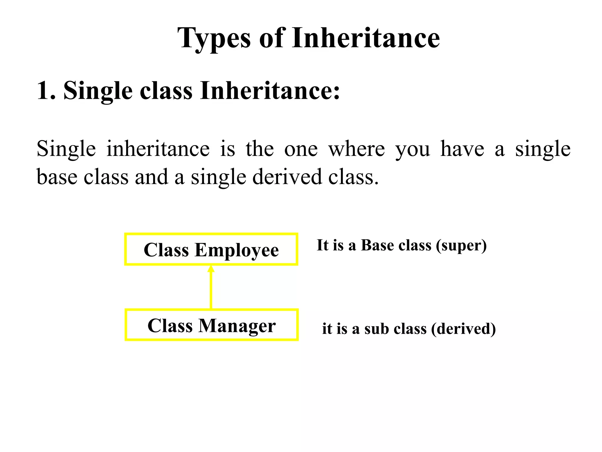 1. Single class Inheritance:
Single inheritance is the one where you have a single
base class and a single derived class.
Types of Inheritance
Class Employee
Class Manager
It is a Base class (super)
it is a sub class (derived)
 