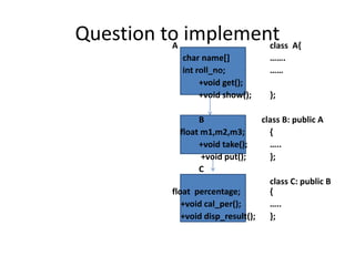 Question to implement
A class A{
char name[] …….
int roll_no; ……
+void get();
+void show(); };
B class B: public A
float m1,m2,m3; {
+void take(); …..
+void put(); };
C
class C: public B
float percentage; {
+void cal_per(); …..
+void disp_result(); };
 