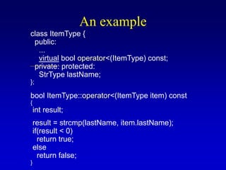 An example
class ItemType {
public:
...
virtual bool operator<(ItemType) const;
private: protected:
StrType lastName;
};
bool ItemType::operator<(ItemType item) const
{
int result;
result = strcmp(lastName, item.lastName);
if(result < 0)
return true;
else
return false;
}
 