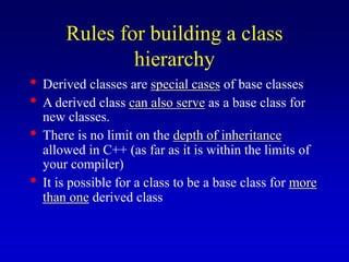 Rules for building a class
hierarchy
• Derived classes are special cases of base classes
• A derived class can also serve as a base class for
new classes.
• There is no limit on the depth of inheritance
allowed in C++ (as far as it is within the limits of
your compiler)
• It is possible for a class to be a base class for more
than one derived class
 