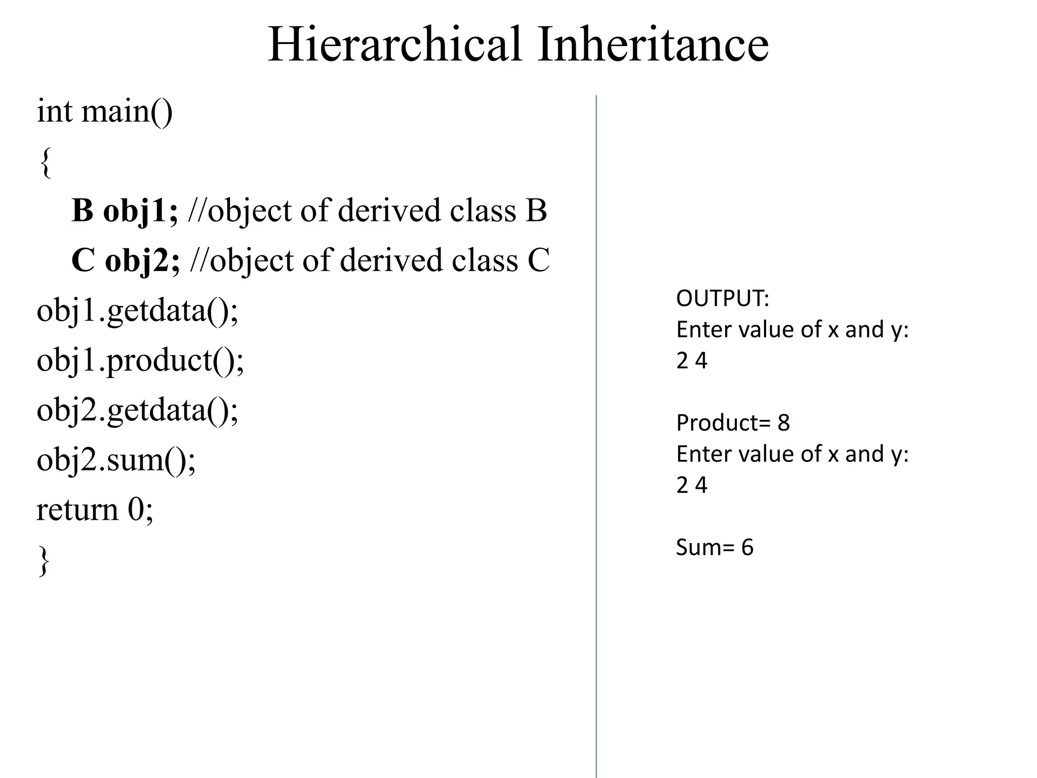 Hierarchical Inheritance
int main()
{
B obj1; //object of derived class B
C obj2; //object of derived class C
obj1.getdata();
obj1.product();
obj2.getdata();
obj2.sum();
return 0;
}
OUTPUT:
Enter value of x and y:
2 4
Product= 8
Enter value of x and y:
2 4
Sum= 6
 