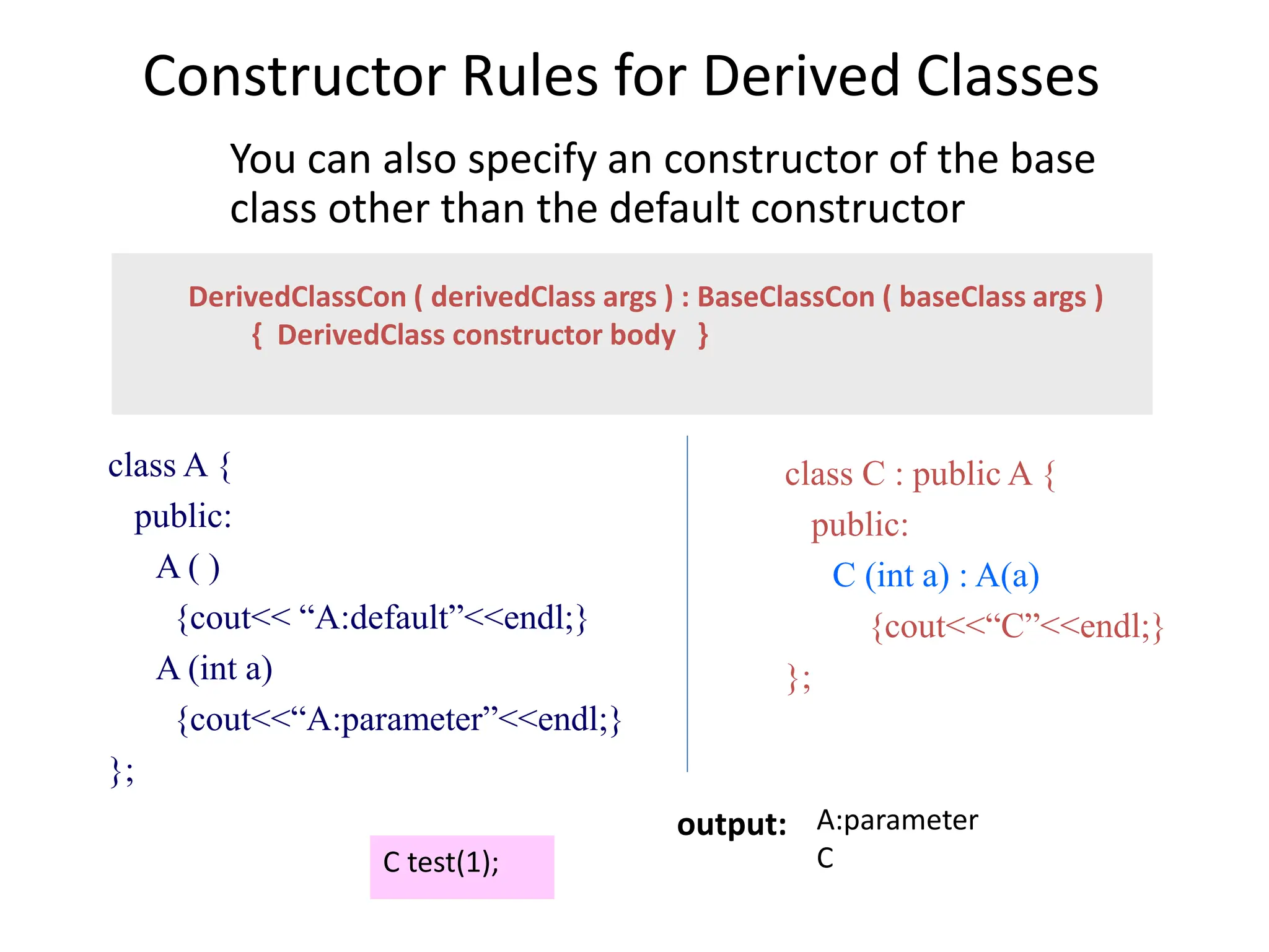 Constructor Rules for Derived Classes
You can also specify an constructor of the base
class other than the default constructor
class A {
public:
A ( )
{cout<< “A:default”<<endl;}
A (int a)
{cout<<“A:parameter”<<endl;}
};
class C : public A {
public:
C (int a) : A(a)
{cout<<“C”<<endl;}
};
C test(1);
A:parameter
C
output:
DerivedClassCon ( derivedClass args ) : BaseClassCon ( baseClass args )
{ DerivedClass constructor body }
 
