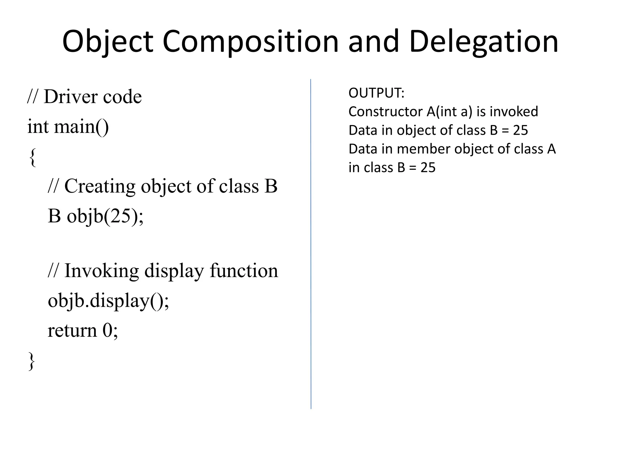 Object Composition and Delegation
// Driver code
int main()
{
// Creating object of class B
B objb(25);
// Invoking display function
objb.display();
return 0;
}
OUTPUT:
Constructor A(int a) is invoked
Data in object of class B = 25
Data in member object of class A
in class B = 25
 