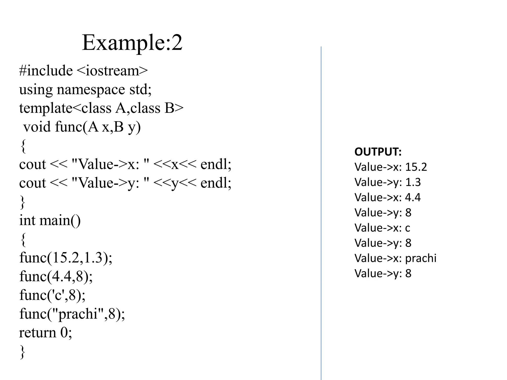 #include <iostream>
using namespace std;
template<class A,class B>
void func(A x,B y)
{
cout << "Value->x: " <<x<< endl;
cout << "Value->y: " <<y<< endl;
}
int main()
{
func(15.2,1.3);
func(4.4,8);
func('c',8);
func("prachi",8);
return 0;
}
Example:2
OUTPUT:
Value->x: 15.2
Value->y: 1.3
Value->x: 4.4
Value->y: 8
Value->x: c
Value->y: 8
Value->x: prachi
Value->y: 8
 