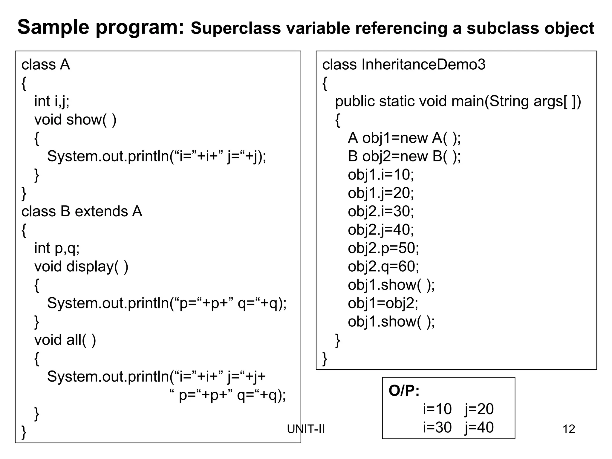 UNIT-II 12
Sample program: Superclass variable referencing a subclass object
class A
{
int i,j;
void show( )
{
System.out.println(“i=”+i+” j=“+j);
}
}
class B extends A
{
int p,q;
void display( )
{
System.out.println(“p=“+p+” q=“+q);
}
void all( )
{
System.out.println(“i=”+i+” j=“+j+
“ p=“+p+” q=“+q);
}
}
class InheritanceDemo3
{
public static void main(String args[ ])
{
A obj1=new A( );
B obj2=new B( );
obj1.i=10;
obj1.j=20;
obj2.i=30;
obj2.j=40;
obj2.p=50;
obj2.q=60;
obj1.show( );
obj1=obj2;
obj1.show( );
}
}
O/P:
i=10 j=20
i=30 j=40
 