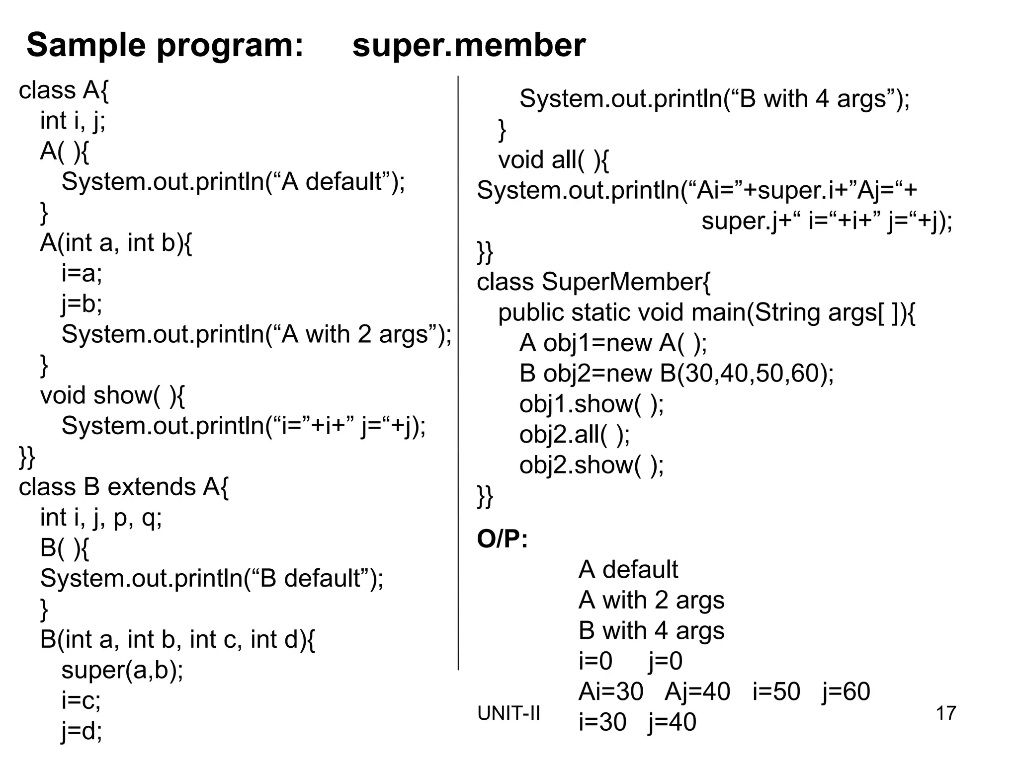 UNIT-II 17
class A{
int i, j;
A( ){
System.out.println(“A default”);
}
A(int a, int b){
i=a;
j=b;
System.out.println(“A with 2 args”);
}
void show( ){
System.out.println(“i=”+i+” j=“+j);
}}
class B extends A{
int i, j, p, q;
B( ){
System.out.println(“B default”);
}
B(int a, int b, int c, int d){
super(a,b);
i=c;
j=d;
Sample program: super.member
System.out.println(“B with 4 args”);
}
void all( ){
System.out.println(“Ai=”+super.i+”Aj=“+
super.j+“ i=“+i+” j=“+j);
}}
class SuperMember{
public static void main(String args[ ]){
A obj1=new A( );
B obj2=new B(30,40,50,60);
obj1.show( );
obj2.all( );
obj2.show( );
}}
O/P:
A default
A with 2 args
B with 4 args
i=0 j=0
Ai=30 Aj=40 i=50 j=60
i=30 j=40
 