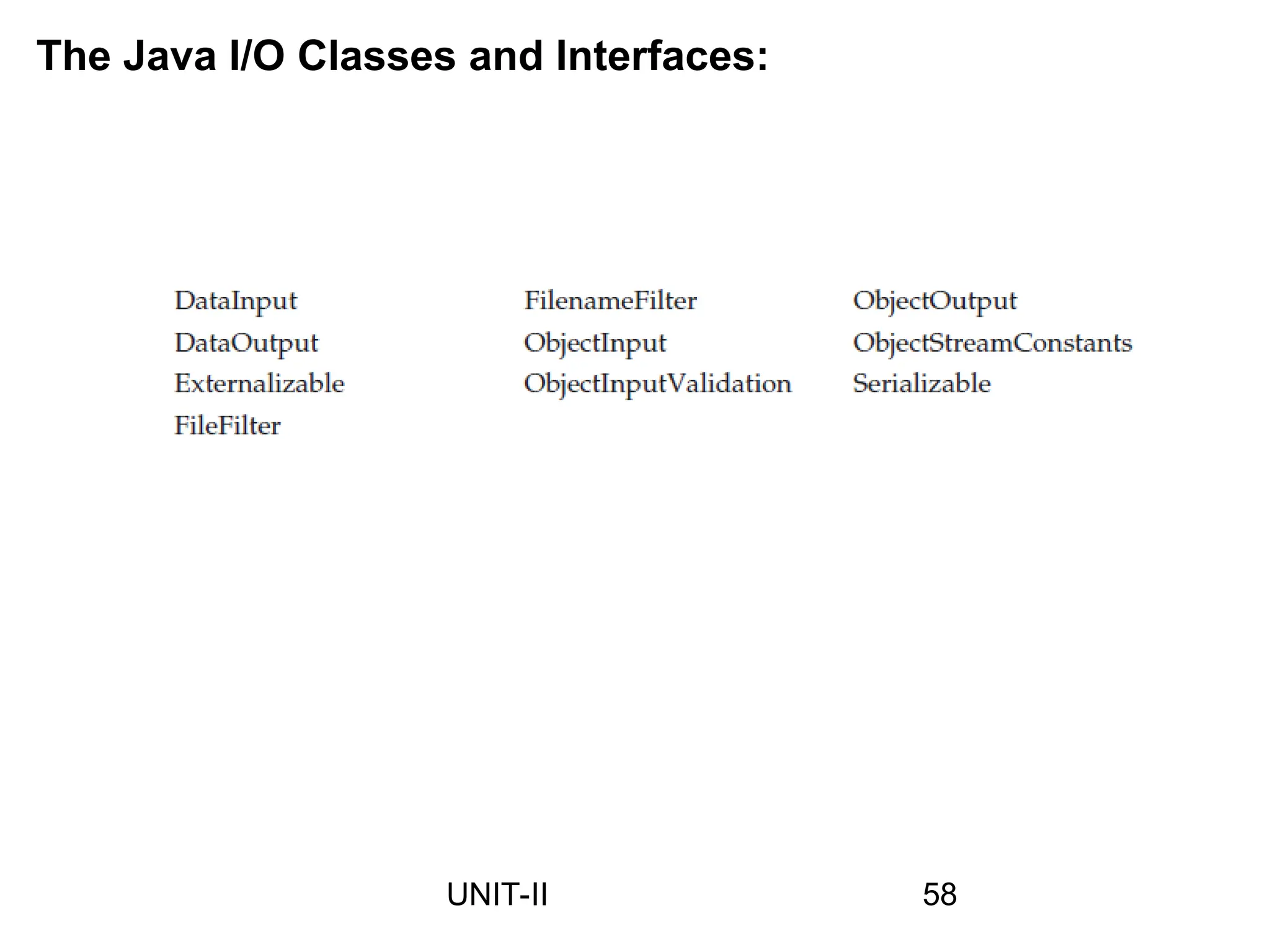 The Java I/O Classes and Interfaces:
58
UNIT-II
 