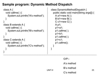UNIT-II 25
class A {
void callme( ) {
System.out.println("A's method");
}
}
class B extends A {
void callme( ) {
System.out.println("B's method");
}
}
class C extends A {
void callme( ) {
System.out.println("C's method");
}
}
class DynamicMethodDispatch {
public static void main(String args[]) {
A a1=new A( );
B b1=new B( );
C c1=new C( );
A p1;
p1=a1;
p1.callme( );
p1=b1;
p1.callme( );
p1=c1;
p1.callme();
}
}
Sample program: Dynamic Method Dispatch
O/P:-
A’s method
B’s method
C’s method
 