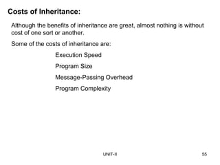 UNIT-II 55
Costs of Inheritance:
Although the benefits of inheritance are great, almost nothing is without
cost of one sort or another.
Some of the costs of inheritance are:
Execution Speed
Program Size
Message-Passing Overhead
Program Complexity
 