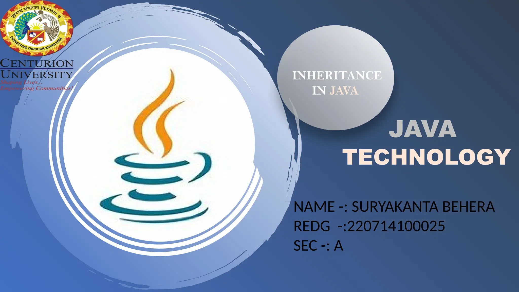JAVA TECHNOLOGY INHERITANCE IN JAVA NAME -: SURYAKANTA BEHERA REDG -:220714100025 SEC -: A 