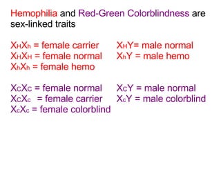 Hemophilia  and  Red-Green Colorblindness  are sex-linked traits X H X h  = female carrier X H Y= male normal X H X H  = female normal X h Y = male hemo X h X h  = female hemo X C X C  = female normal X C Y = male normal X C X c = female carrier X c Y = male colorblind X c X c  = female colorblind 