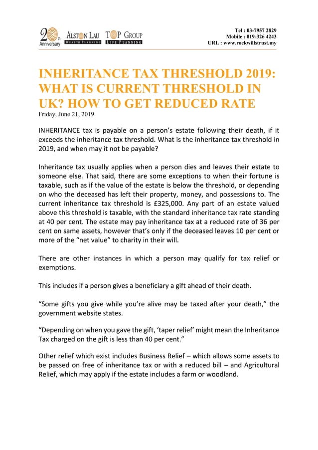 INHERITANCE TAX THRESHOLD 2019 WHAT IS CURRENT THRESHOLD IN UK? HOW TO