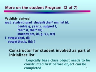 25
More on the student Program (2 of 7)
//publicly derived
grad_student::grad_student(char* nm, int id,
double g, year x, support t,
char* d, char* th)
:student(nm, id, g, x), s(t)
{ strcpy(dept, d);
strcpy(thesis, th); }
Constructor for student invoked as part of
initializer list
Logically base class object needs to be
constructed first before object can be
completed
 