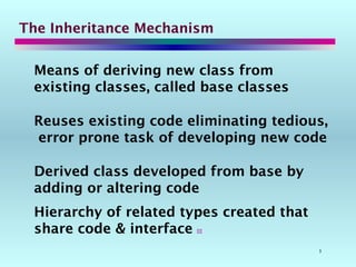 3
The Inheritance Mechanism
Means of deriving new class from
existing classes, called base classes
Reuses existing code eliminating tedious,
error prone task of developing new code
Derived class developed from base by
adding or altering code
Hierarchy of related types created that
share code & interface 
 