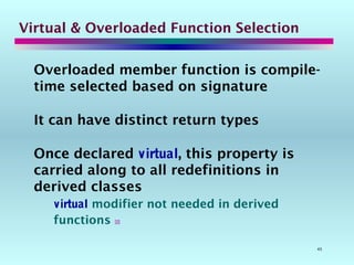 45
Virtual & Overloaded Function Selection
Overloaded member function is compile-
time selected based on signature
It can have distinct return types
Once declared virtual, this property is
carried along to all redefinitions in
derived classes
virtual modifier not needed in derived
functions 
 