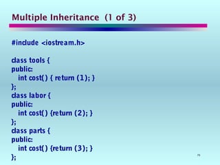 70
Multiple Inheritance (1 of 3)
#include <iostream.h>
class tools {
public:
int cost() { return (1); }
};
class labor {
public:
int cost() {return (2); }
};
class parts {
public:
int cost() {return (3); }
};
 