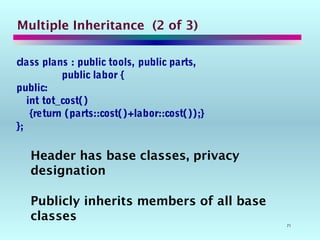 71
Multiple Inheritance (2 of 3)
class plans : public tools, public parts,
public labor {
public:
int tot_cost()
{return (parts::cost()+labor::cost());}
};
Header has base classes, privacy
designation
Publicly inherits members of all base
classes
 