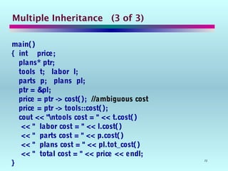 72
Multiple Inheritance (3 of 3)
main()
{ int price;
plans* ptr;
tools t; labor l;
parts p; plans pl;
ptr = &pl;
price = ptr -> cost(); //ambiguous cost
price = ptr -> tools::cost();
cout << "ntools cost = " << t.cost()
<< " labor cost = " << l.cost()
<< " parts cost = " << p.cost()
<< " plans cost = " << pl.tot_cost()
<< " total cost = " << price << endl;
}
 