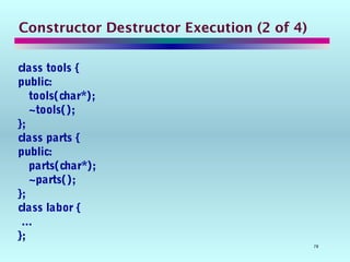 78
Constructor Destructor Execution (2 of 4)
class tools {
public:
tools(char*);
~tools();
};
class parts {
public:
parts(char*);
~parts();
};
class labor {
...
};
 