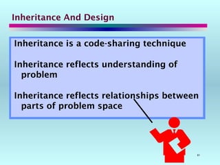 81
Inheritance And Design
Inheritance is a code-sharing technique
Inheritance reflects understanding of
problem
Inheritance reflects relationships between
parts of problem space
 