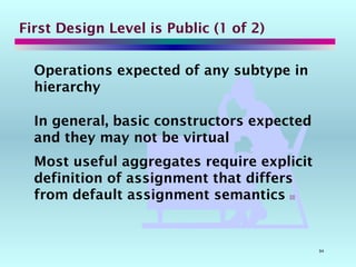 94
Operations expected of any subtype in
hierarchy
In general, basic constructors expected
and they may not be virtual
Most useful aggregates require explicit
definition of assignment that differs
from default assignment semantics 
First Design Level is Public (1 of 2)
 