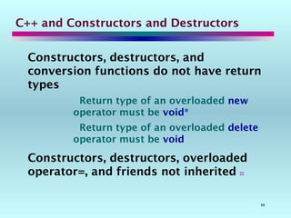 98
C++ and Constructors and Destructors
Constructors, destructors, and
conversion functions do not have return
types
Return type of an overloaded new
operator must be void*
Return type of an overloaded delete
operator must be void
Constructors, destructors, overloaded
operator=, and friends not inherited 
 