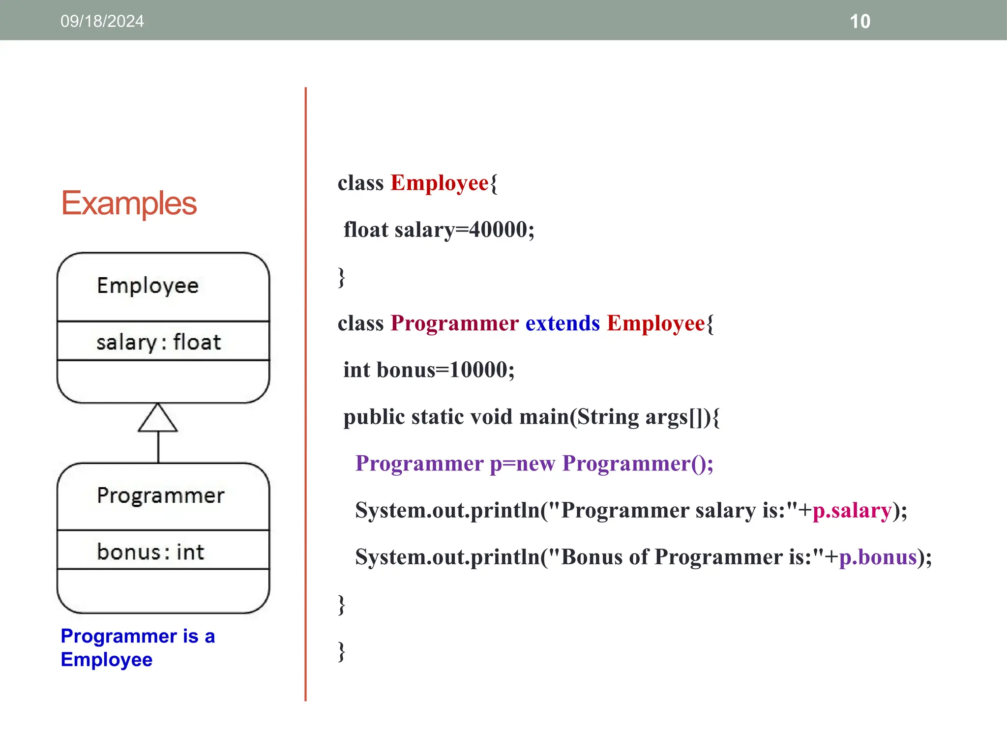 10
Examples
class Employee{
float salary=40000;
}
class Programmer extends Employee{
int bonus=10000;
public static void main(String args[]){
Programmer p=new Programmer();
System.out.println("Programmer salary is:"+p.salary);
System.out.println("Bonus of Programmer is:"+p.bonus);
}
}
Programmer is a
Employee
09/18/2024
 