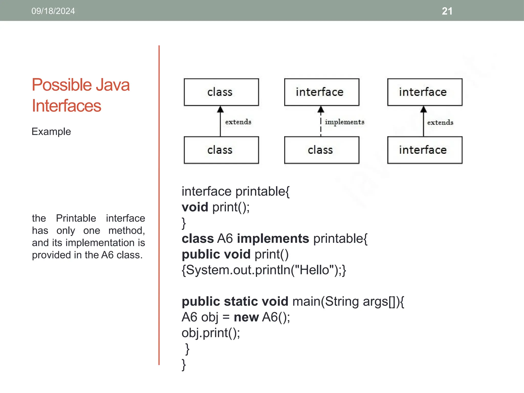 21
Possible Java
Interfaces
Example
09/18/2024
interface printable{
void print();
}
class A6 implements printable{
public void print()
{System.out.println("Hello");}
public static void main(String args[]){
A6 obj = new A6();
obj.print();
}
}
the Printable interface
has only one method,
and its implementation is
provided in the A6 class.
 