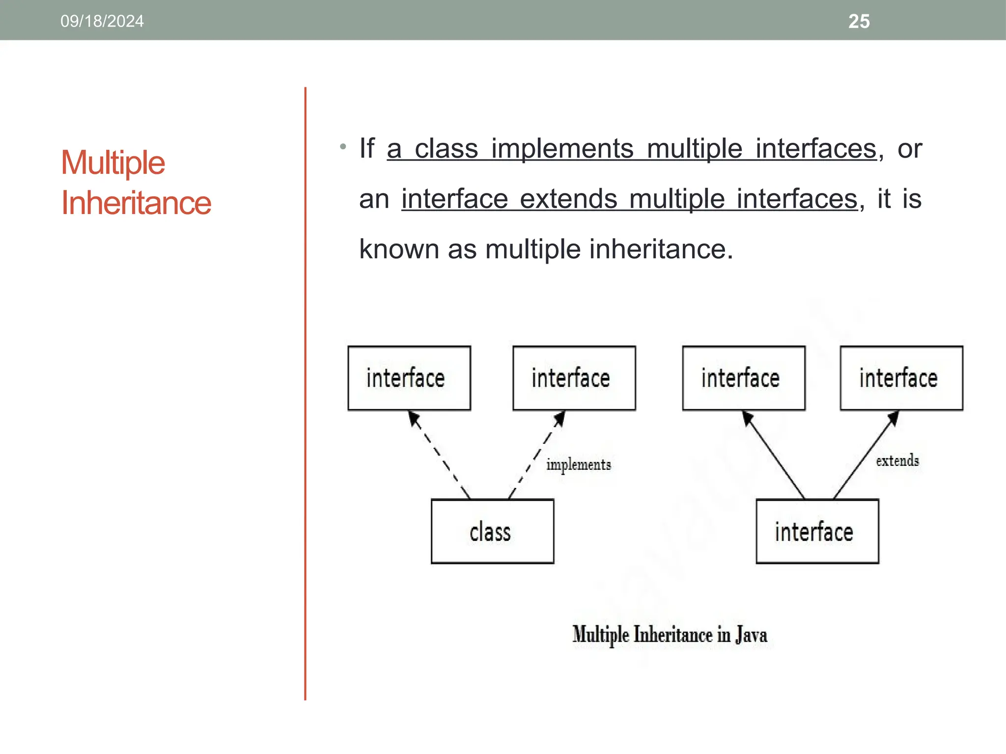25
Multiple
Inheritance
• If a class implements multiple interfaces, or
an interface extends multiple interfaces, it is
known as multiple inheritance.
09/18/2024
 
