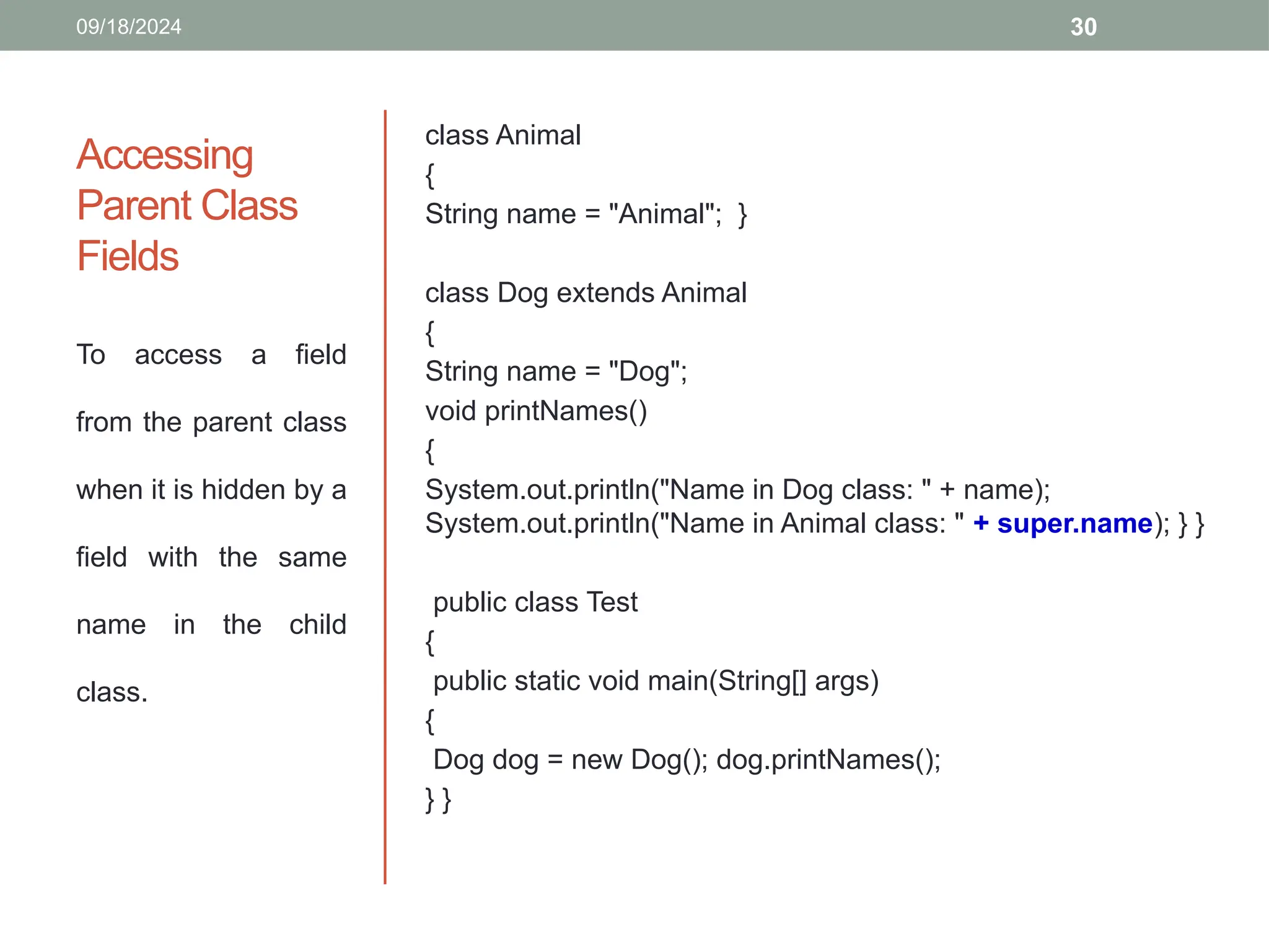 30
Accessing
Parent Class
Fields
class Animal
{
String name = "Animal"; }
class Dog extends Animal
{
String name = "Dog";
void printNames()
{
System.out.println("Name in Dog class: " + name);
System.out.println("Name in Animal class: " + super.name); } }
public class Test
{
public static void main(String[] args)
{
Dog dog = new Dog(); dog.printNames();
} }
To access a field
from the parent class
when it is hidden by a
field with the same
name in the child
class.
09/18/2024
 