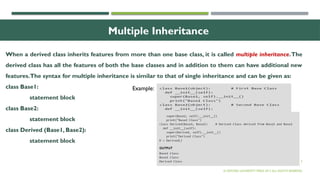 5
Multiple Inheritance
When a derived class inherits features from more than one base class, it is called multiple inheritance.The
derived class has all the features of both the base classes and in addition to them can have additional new
features.The syntax for multiple inheritance is similar to that of single inheritance and can be given as:
class Base1:
statement block
class Base2:
statement block
class Derived (Base1, Base2):
statement block
© OXFORD UNIVERSITY PRESS 2017.ALL RIGHTS RESERVED.
Example:
 