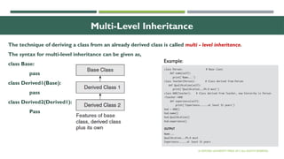 6
Multi-Level Inheritance
The technique of deriving a class from an already derived class is called multi - level inheritance.
The syntax for multi-level inheritance can be given as,
class Base:
pass
class Derived1(Base):
pass
class Derived2(Derived1):
Pass
© OXFORD UNIVERSITY PRESS 2017.ALL RIGHTS RESERVED.
Example:
 