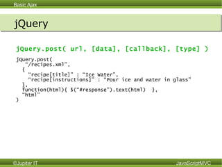 jQuery jQuery.post( url, [data], [callback], [type] )   jQuery.post( “ /recipes.xml”, { “ recipe[title]” : “Ice Water”, “ recipe[instructions]” : “Pour ice and water in glass”  }, function(html){ $(“#response”).text(html)  },  “ html”  )  