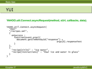 YUI YAHOO.util.Connect.asyncRequest(method, sUrl, callbacks, data); YAHOO.util.Connect.asyncRequest ( “ POST” “ /recipes.xml”, { onSuccess :  function(event,args){  document.getElementById(“response”) =  args[0].responseText  } }, { “ recipe[title]” : “Ice Water”, “ recipe[instructions]” : “Pour ice and water in glass”  }  )  