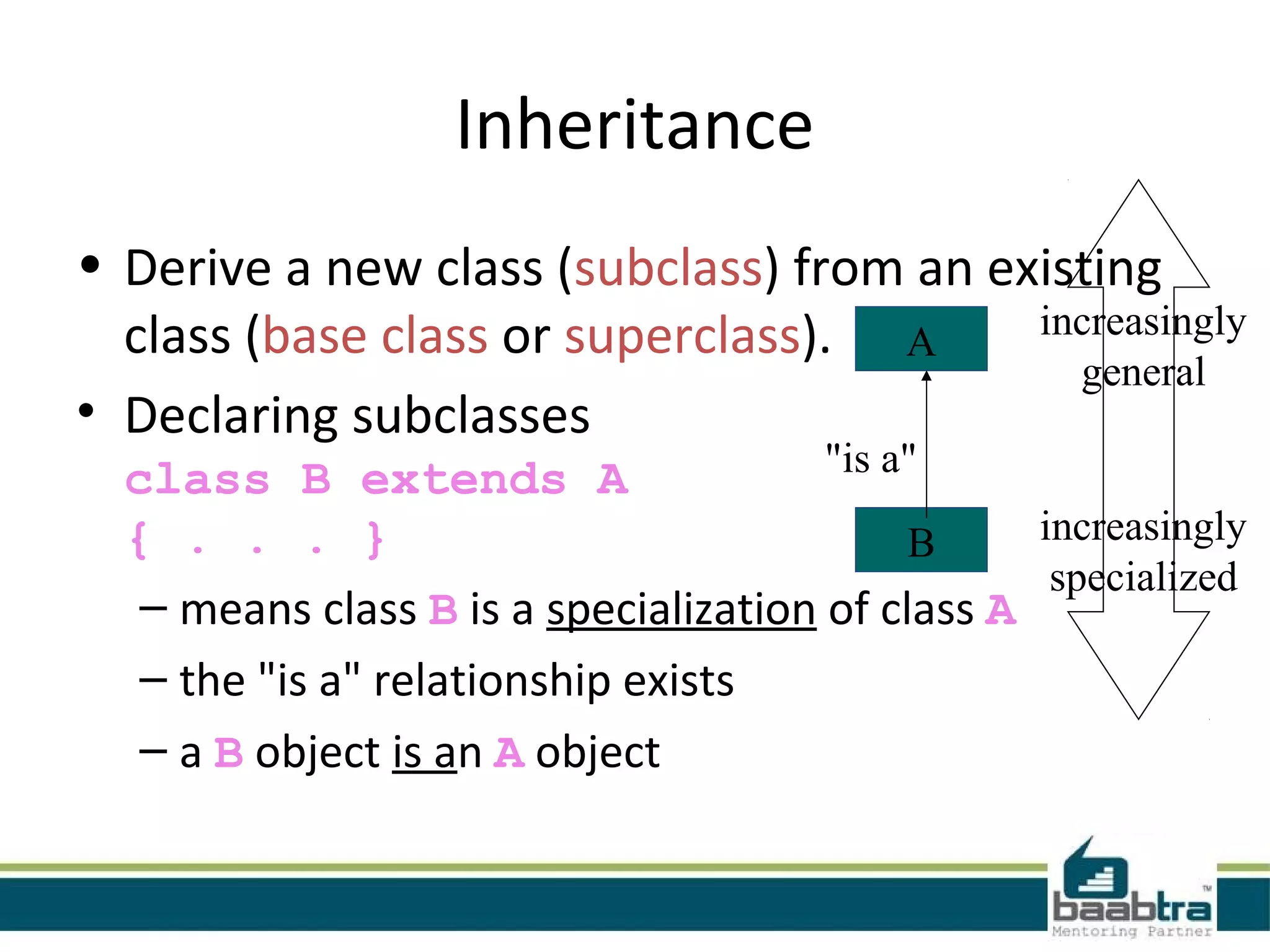Inheritance
• Derive a new class (subclass) from an existing
class (base class or superclass).
• Declaring subclasses
class B extends A
{ . . . }
– means class B is a specialization of class A
– the "is a" relationship exists
– a B object is an A object
A
B
"is a"
increasingly
general
increasingly
specialized
 