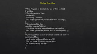 //Java Program to illustrate the use of Java Method
Overriding
//Creating a parent class.
class Vehicle{
//defining a method
void run(){System.out.println("Vehicle is running");}
}
//Creating a child class
class Bike extends Vehicle{
//defining the same method as in the parent class
void run(){System.out.println("Bike is running safely");}
}
//Creating a Main class to create object and call method
public class Main{
public static void main(String args[]){
Bike obj = new Bike();//creating object
obj.run();//calling method
}
}
Method Overriding
 