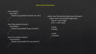 Hierarchical Inheritance
class Animal {
void eat() {
System.out.println("Animals can eat");
}
}
class Dog extends Animal {
void bark() {
System.out.println("Dog can bark");
}
}
class Cat extends Animal {
void meow() {
System.out.println("Cat can meow");
}
}
public class HierarchicalInheritanceExample {
public static void main(String[] args) {
Dog d = new Dog();
Cat c = new Cat();
d.eat();
d.bark();
c.eat();
c.meow();
}
}
 