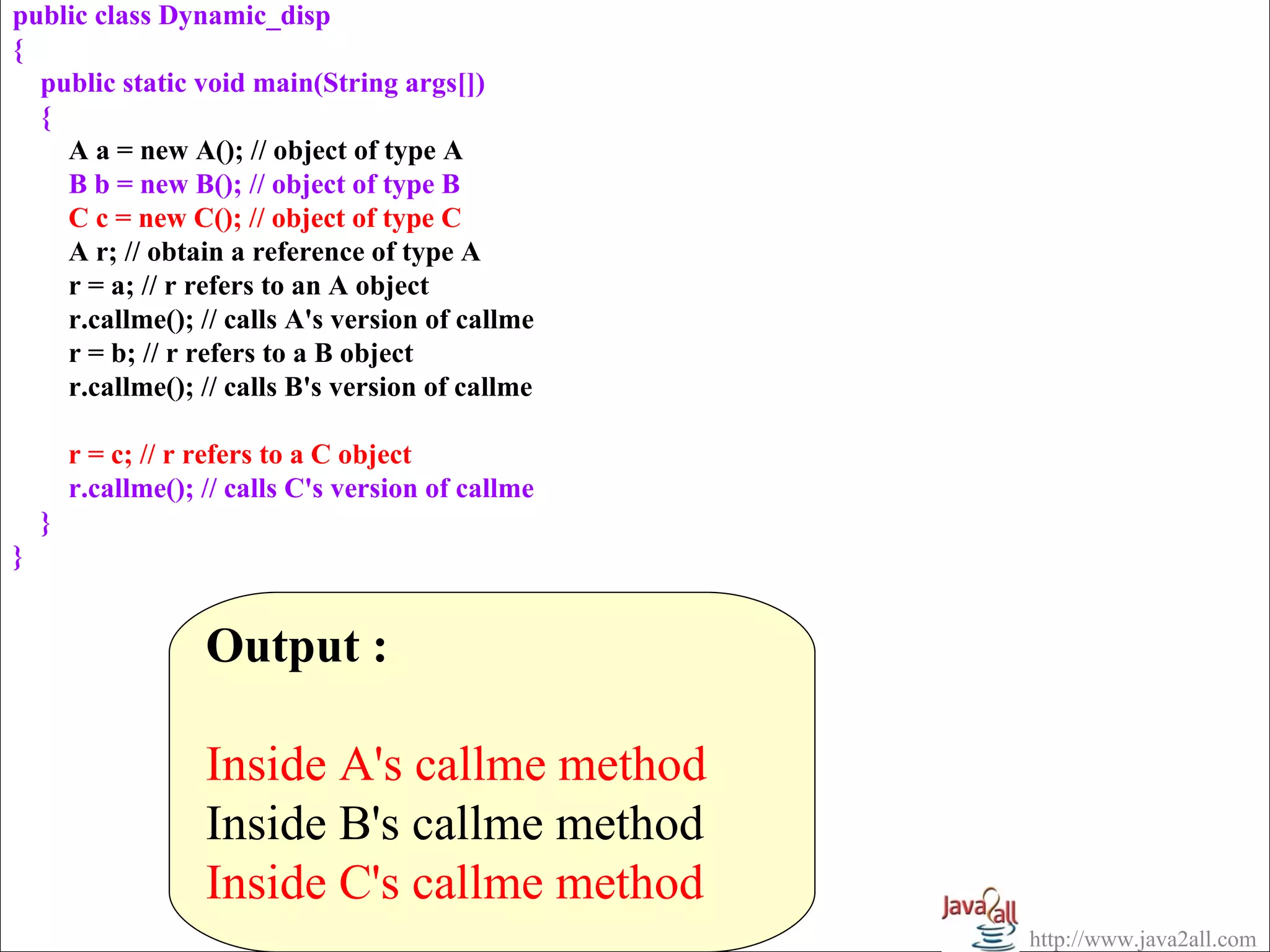 public class Dynamic_disp
{
  public static void main(String args[])
  {
    A a = new A(); // object of type A
    B b = new B(); // object of type B
    C c = new C(); // object of type C
    A r; // obtain a reference of type A
    r = a; // r refers to an A object
    r.callme(); // calls A's version of callme
    r = b; // r refers to a B object
    r.callme(); // calls B's version of callme

        r = c; // r refers to a C object
        r.callme(); // calls C's version of callme
    }
}


                    Output :

                    Inside A's callme method
                    Inside B's callme method
                    Inside C's callme method
                                                     http://www.java2all.com
 