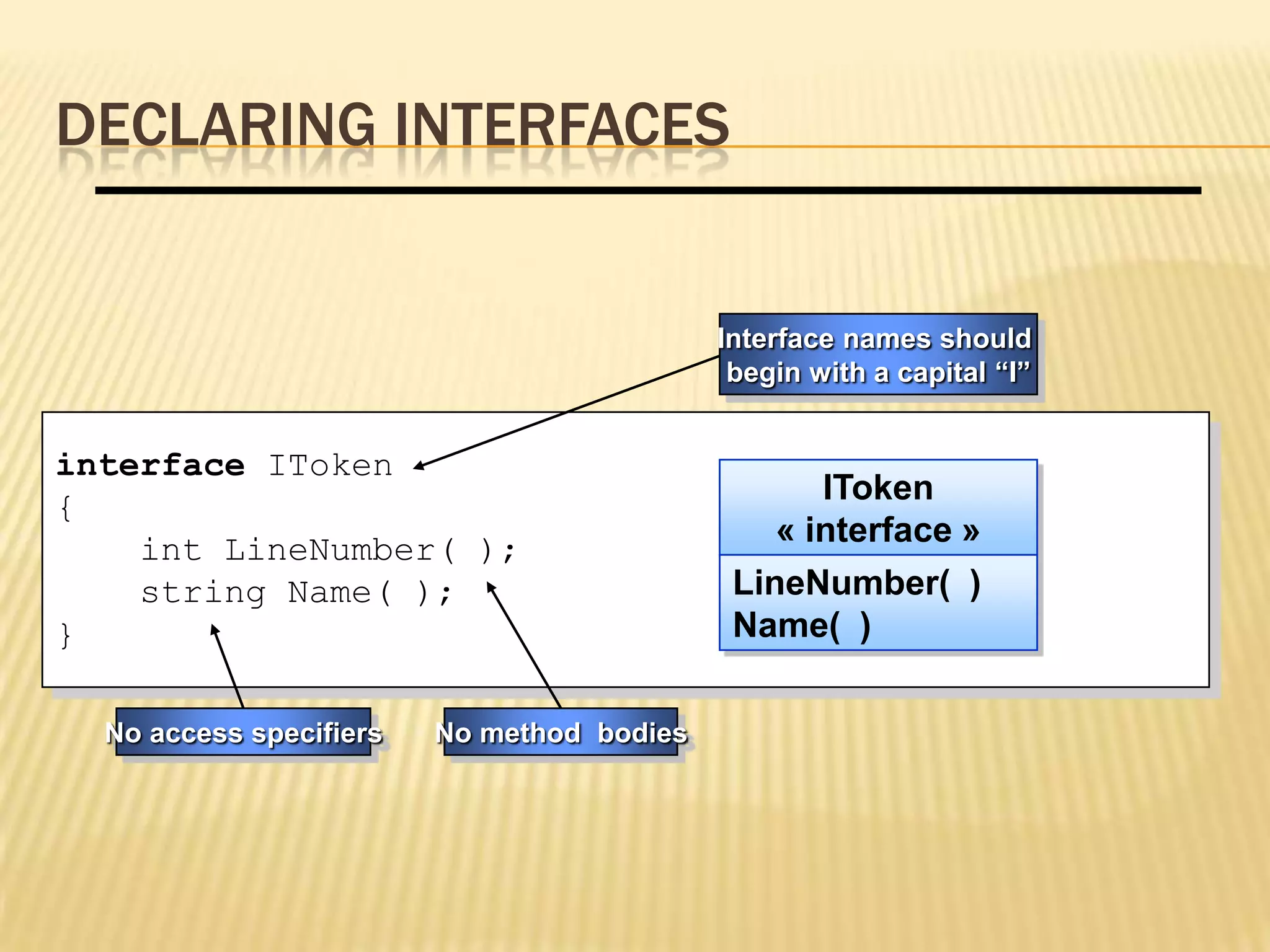 DECLARING INTERFACES


                                            Interface names should
                                             begin with a capital “I”


interface IToken
                                                   IToken
{
                                                « interface »
    int LineNumber( );
    string Name( );                          LineNumber( )
}                                            Name( )

  No access specifiers   No method bodies
 