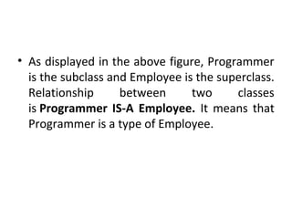 • As displayed in the above figure, Programmer
is the subclass and Employee is the superclass.
Relationship between two classes
is Programmer IS-A Employee. It means that
Programmer is a type of Employee.
 