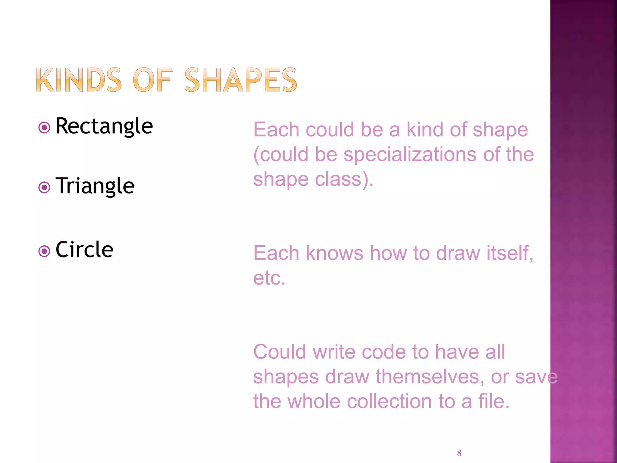  Rectangle  Triangle  Circle 8 Each could be a kind of shape (could be specializations of the shape class). Each knows how to draw itself, etc. Could write code to have all shapes draw themselves, or save the whole collection to a file. 